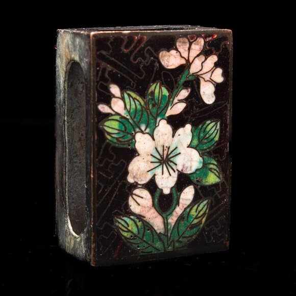 Vintage Cloisonné Black Floral Matchbox Cover With Hand-Painted Enamel Design - Picture 2 of 8